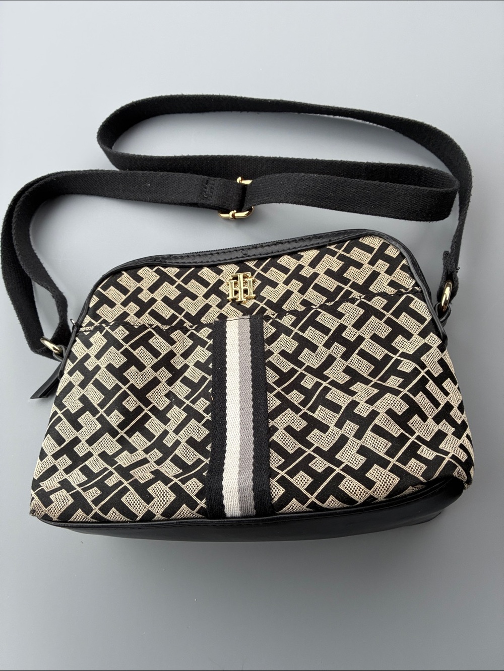 Tommy Hilfiger Black and Cream Geometric Crossbody Bag